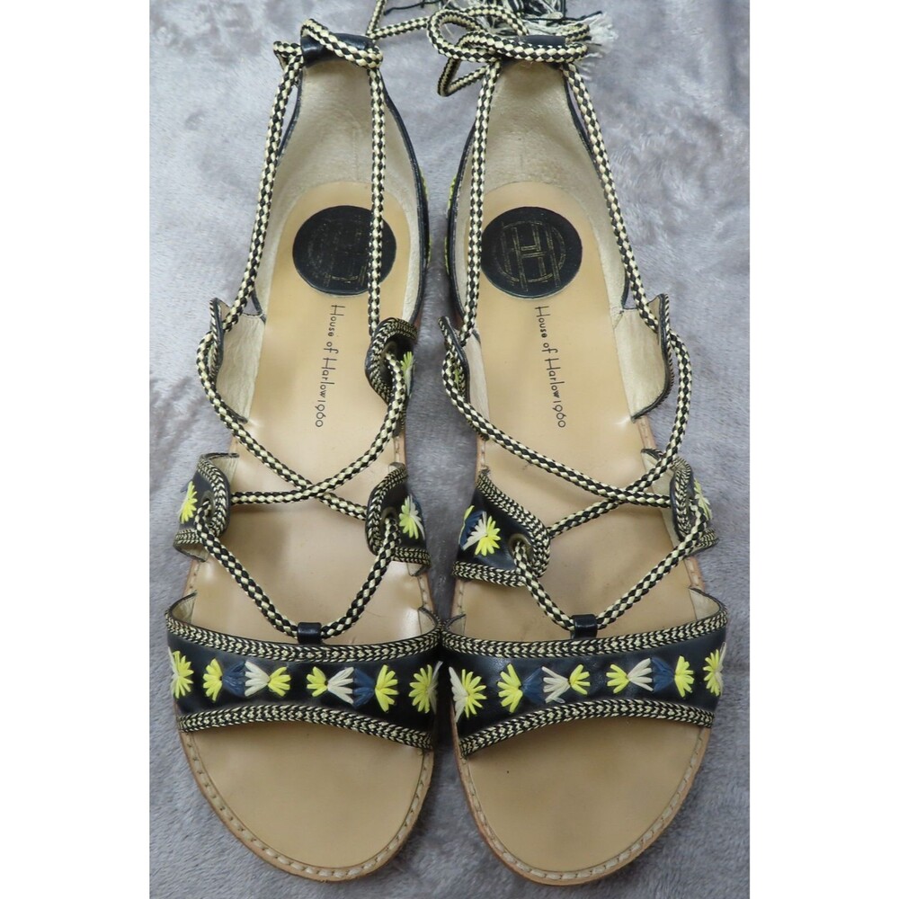 House of Harlow 1960 Leather Gladiator Sandals Lace Up Boho Raffia 39.5 US 9.5‎ - Picture 8 of 12